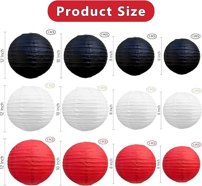 BEISHIDA Red Black White Paper Lanterns 4/6/8/10 Inch Round Chinese Lamp | 12Pcs - Image 2