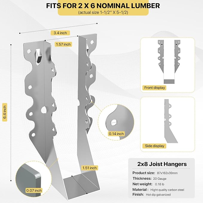 50 pcs 2x8 Joist Hanger, LU28 18 Gauge Double Shear Face Mount Joist Hanger - Image 2