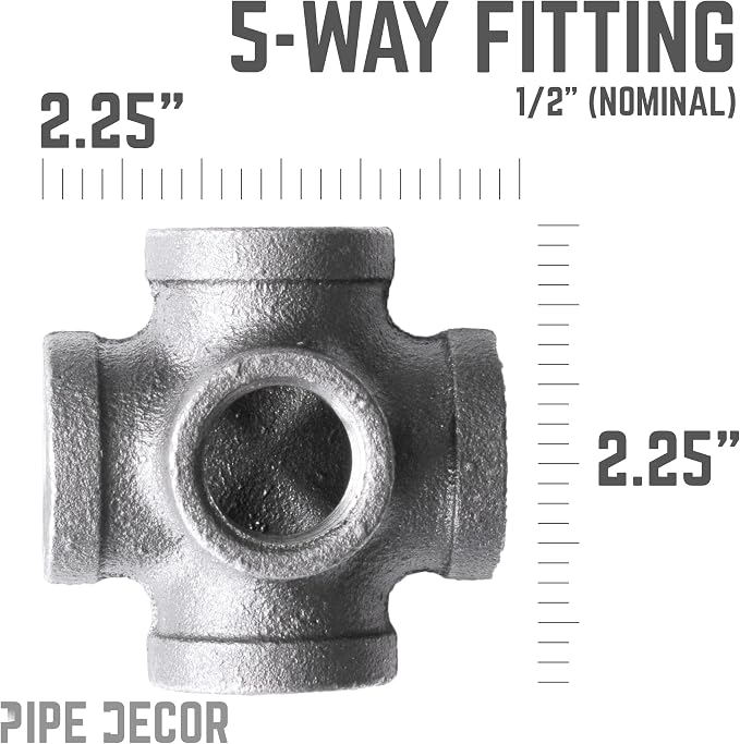 1/2" 5-way Cross Fitting, PIPE DECOR Black Malleable Iron Fittings Fit Standard - Image 3