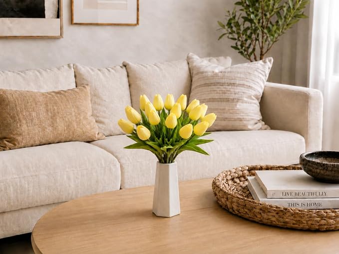 Mandy's 20pcs Artificial Light Yellow Tulips | 13.5 Inch Lifelike PU Tulips - Image 8