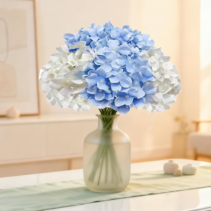 65Pcs Whiteblue Hydrangea Artificial Flowers Bulk，Realistic Silk Fake Flowers - Image 4