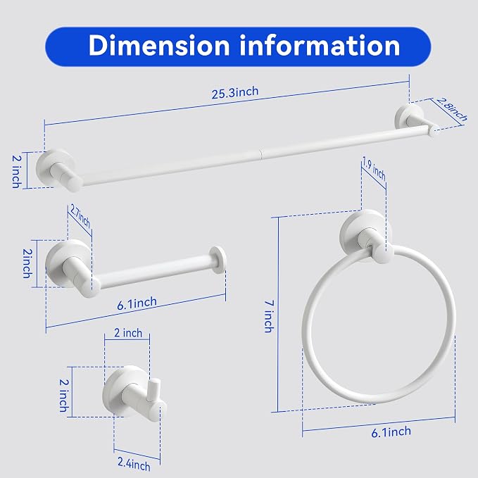 BGL Bathroom Accessories Set 4-Pieces White Zinc Alloy Wall Mounted Towel Racks - Image 6
