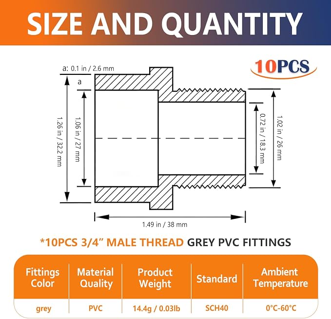 10PCS 0.75" Male Thread Grey PVC Connectors 2 Way PVC Fitting - Image 2