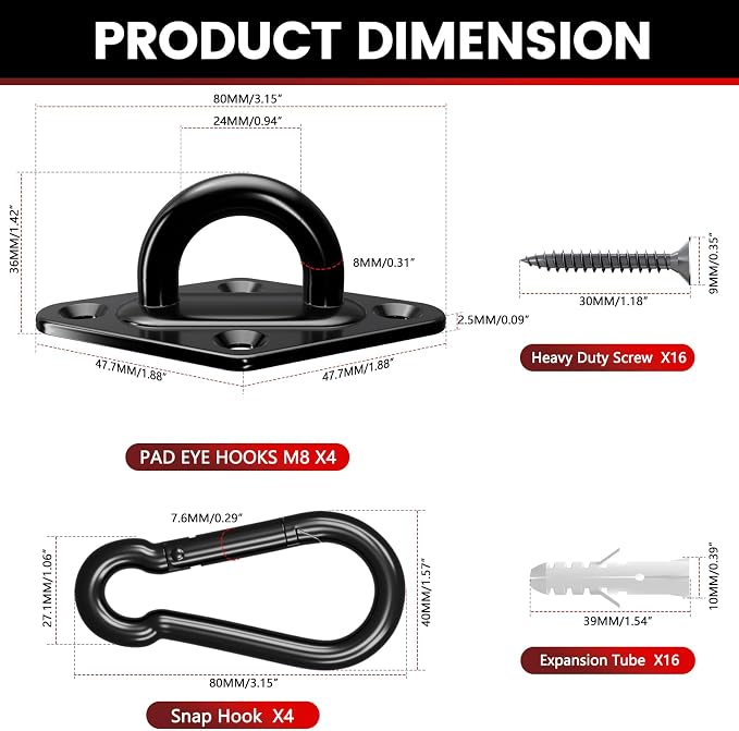 304 Stainless Steel Pad Eye Snap Hook, M8 Ceiling Hook 1200Lb, Yoga Gym - Image 2