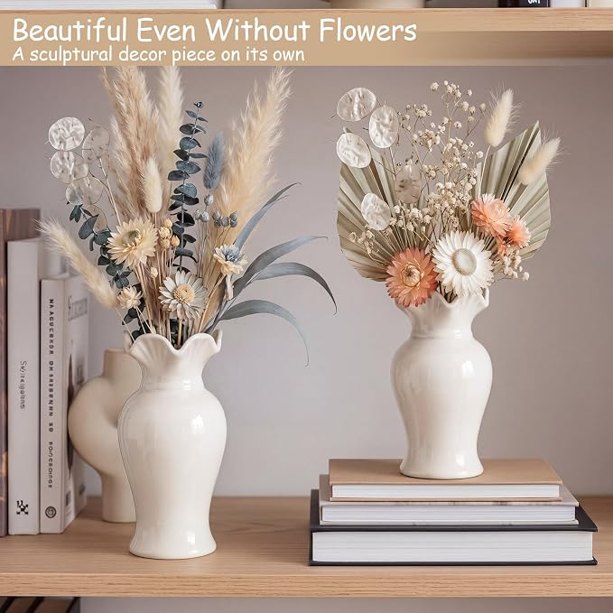 2 Pack White Ceramic Vase Set Small Rustic, Classic | Decorative Flower Vases - Image 6