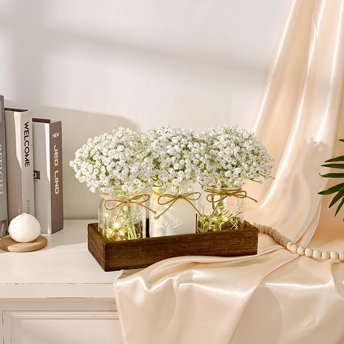 BLEUM CADE 3Pcs Mason Jar with Artificial Flowers Wood Tray and Light | Babys - Image 6