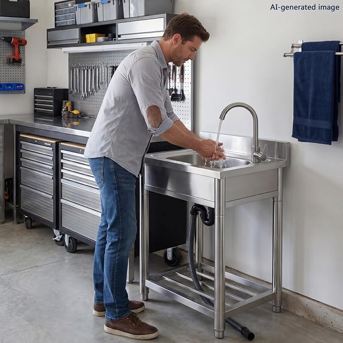 Free Standing Stainless-Steel Single Bowl Commercial Kitchen Sink w/Faucet - Image 4