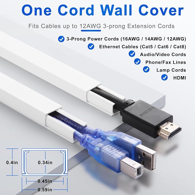 ZhiYo 68" Cord Hider for 1 Cable, Small White Wire Covers, 0.6" W x 0.4" H | - Image 2