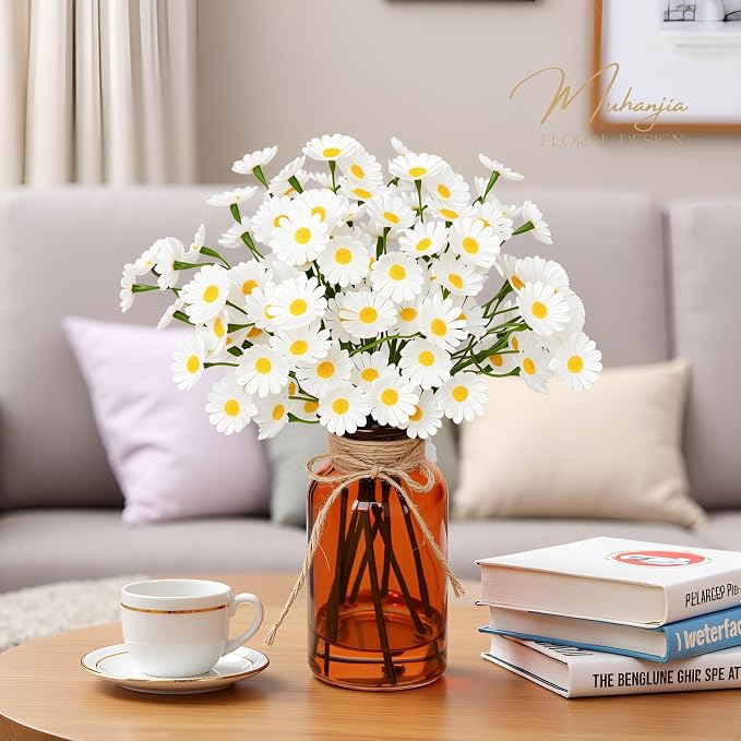 Muhanjia Artificial Daisy Flowers in Amber Glass Vase - Image 2