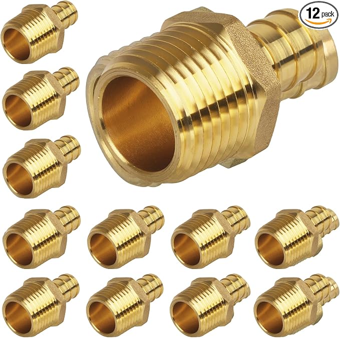 12 Pack Pex Fittings, 1/2" Male NPT to 1/2" Pex Male Adapter, Heavy-Duty Brass by KAINGA