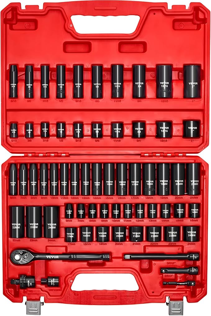 VEVOR 3/8" Drive Impact Socket Set, 64 Piece, Deep & Shallow Kit | SAE & Metric by VEVOR