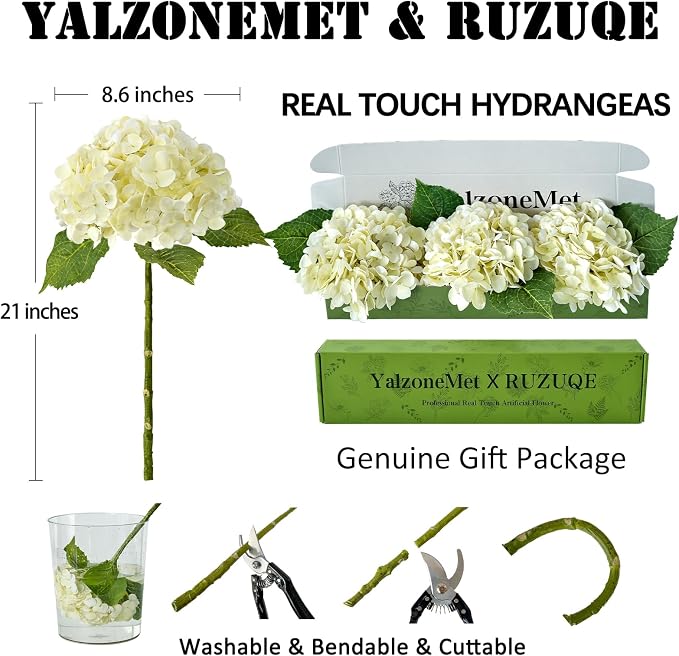 YalzoneMet 3 PCS Beige Creamy Hydrangea Artificial Flowers 21 inches Real Touch - Image 5