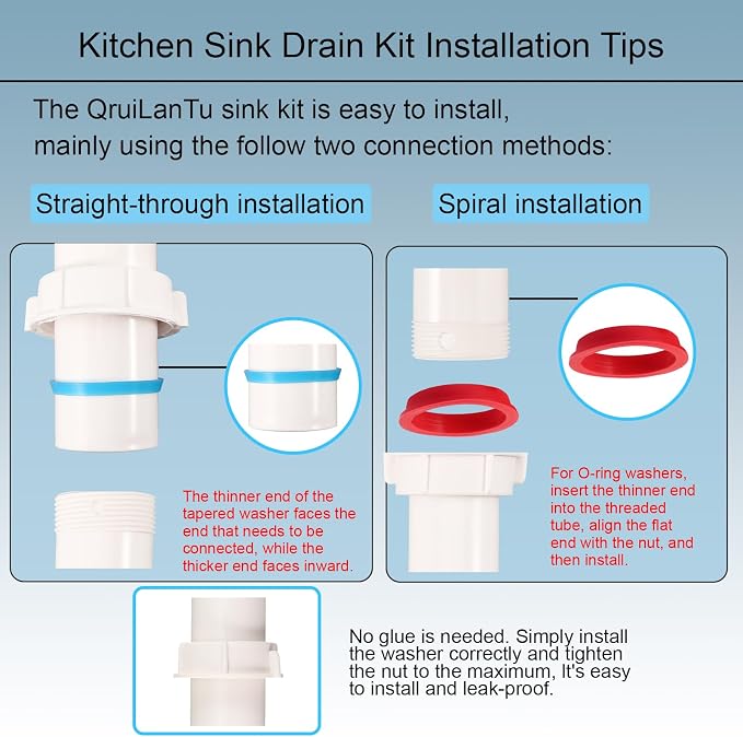 Universal 1-1/2" Kitchen Sink Drain Kit, Space-Saving kitchen drain P-trap - Image 3