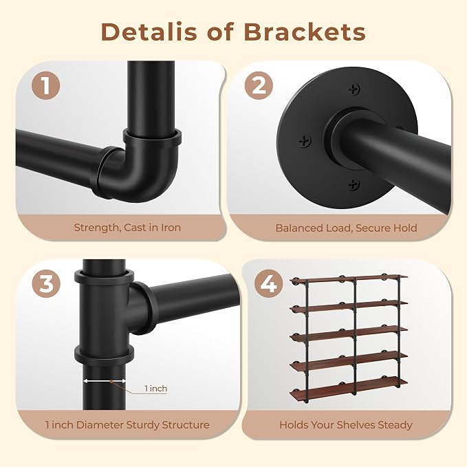 Industrial Wall Mount Pipe Shelf Brackets, Open Bookshelf Brackets - Image 4