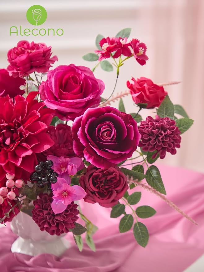 Alecono Hot Pink Artificial Flowers, Silk Fake Roses Floral Set | - Image 8