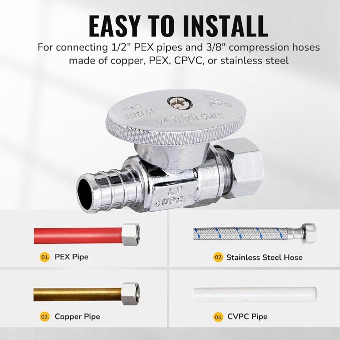 10-Pack Straight Stop Valve, 1/2" PEX x 3/8" OD Compression, Chrome-Plated - Image 5