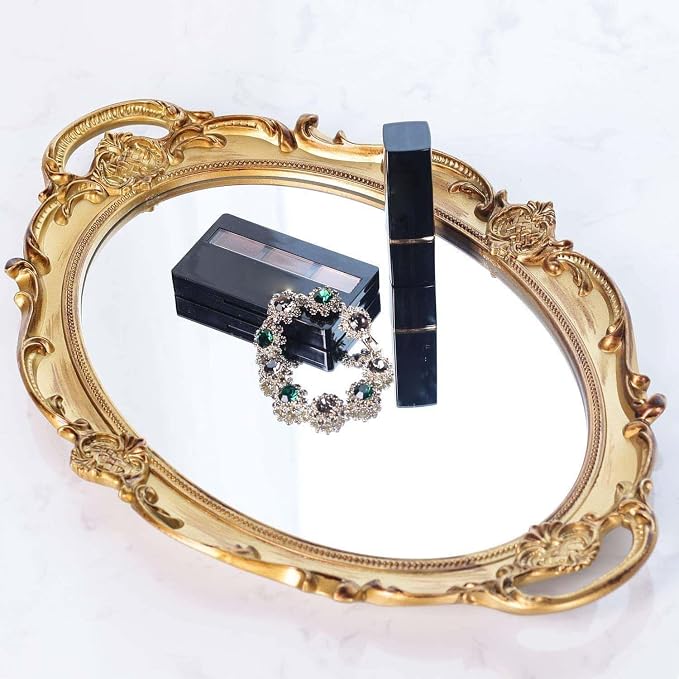Polyresin Ellipse Antique Decorative Mirror Tray, Makeup Organizer, Jewelry - Image 4
