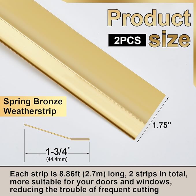 Zonon 1-3/4" W x 17.72' L Spring Bronze Weather Stripping Metal Brass Weather - Image 2