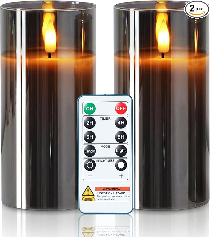 Homemory Grey Glass Flameless Candles, Real Wax, Remote Timer, 2 Pack | D3"xH6" by Homemory
