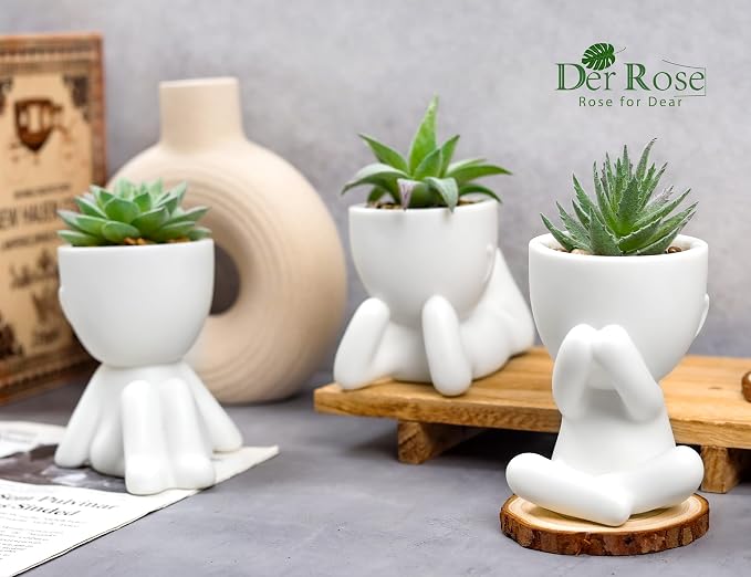 Der Rose 3 Pack Fake Succulents in White Human-Shaped Pots - Image 4