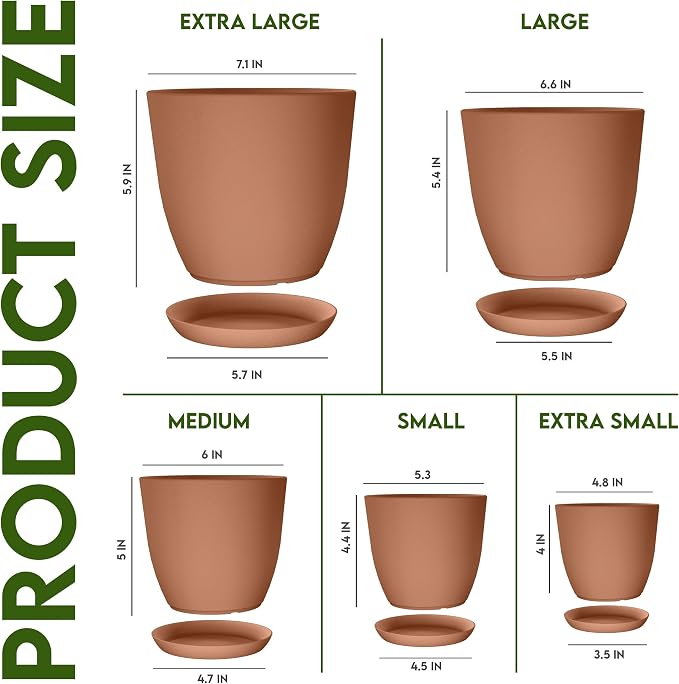 Plant Pots Indoor with Drainage, 5 Pack Multi-Size Planters Set, Terracotta | - Image 5