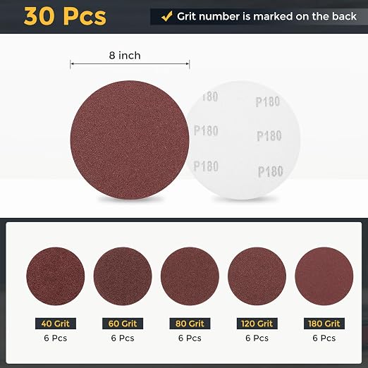 HARFINGTON 30Pcs 8Inch Sanding Disc Hook & Loop Sandpaper Aluminum Oxide | - Image 2