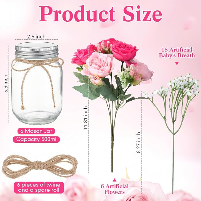 6 Sets Mason Jar Flowers Centerpiece Table Decorations, Artificial Peony Baby's - Image 3