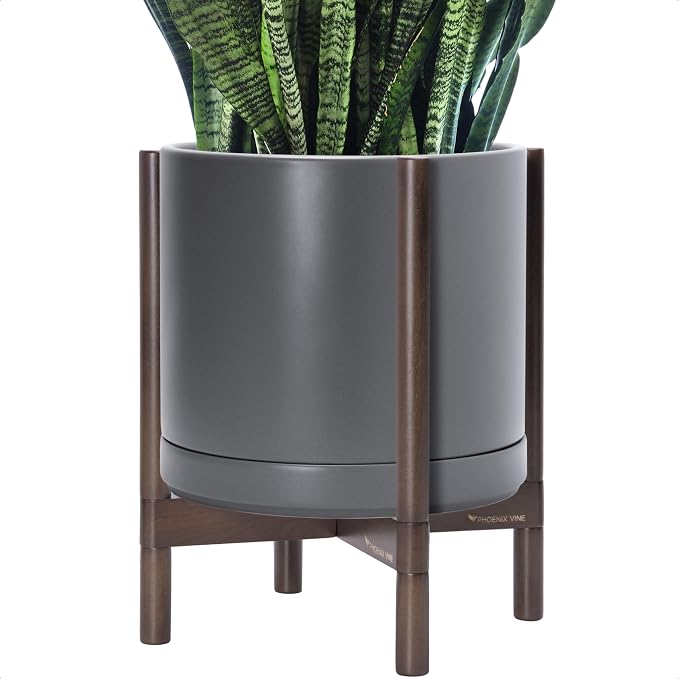 D'vine Dev Ceramic Pot with Walnut Wood Stand, 14 in, 55-B-T-3 | Mid-Century by DvineDevPlanterPotsandStand