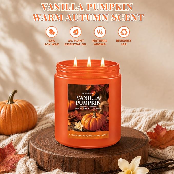 Large Fall Candle Vanilla Pumpkin Scented, 3-Wick 22oz Long Lasting | Soy Wax - Image 2