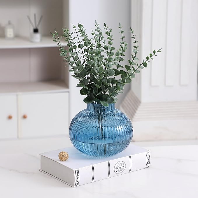 Blue Glass Vase for Tulips, Ribbed Glass Vase for Flowers, Round Flower Vases - Image 6