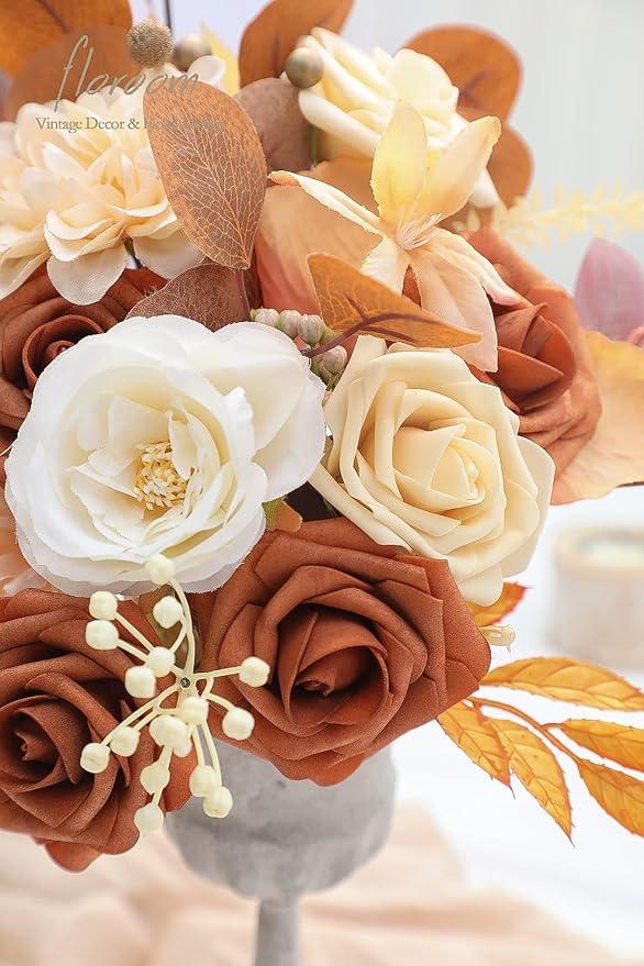 Artificial Flowers 25pcs Real Looking Burnt Orange Foam Fake Roses - Image 3