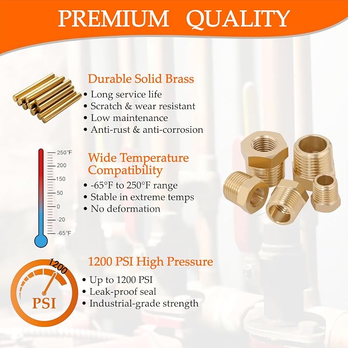 Brass NPT Hex Bushing Reducer Set: 1/2"x1/4", 3/8"x1/4" Fitting | 8-pack - Image 5