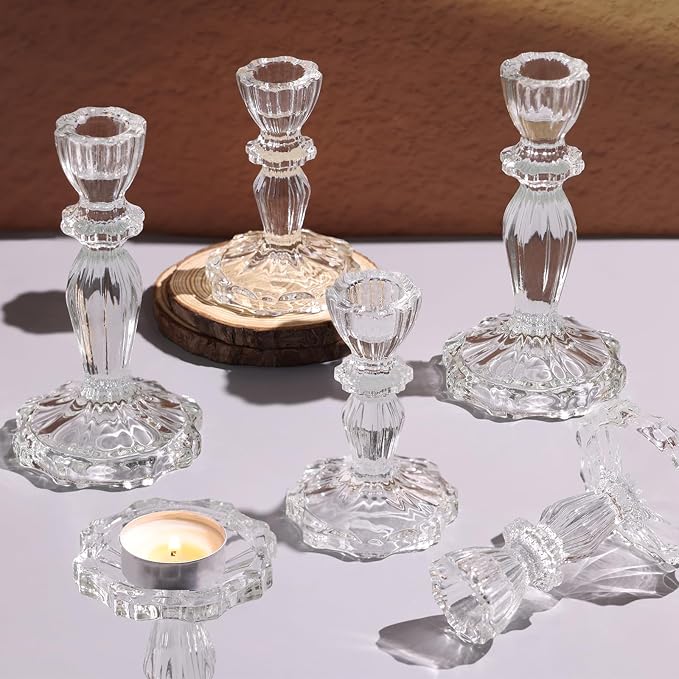 Clear Candlestick Holders Set of 6, Glass Taper Candle Holders | 4.3" H & 6.3" H by Simeitol