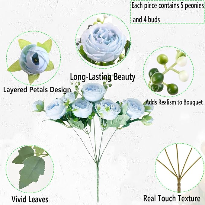 Peonies Artificial Flowers 12 Bundles Pink Flowers Bouquet, Lifelike Silk Fake - Image 5
