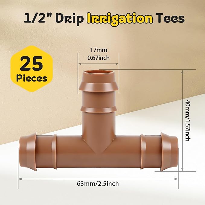 1/2" Drip Irrigation Barbed Tee Fitting, 25 Pack Drip Irrigation 3 Way Tee - Image 2
