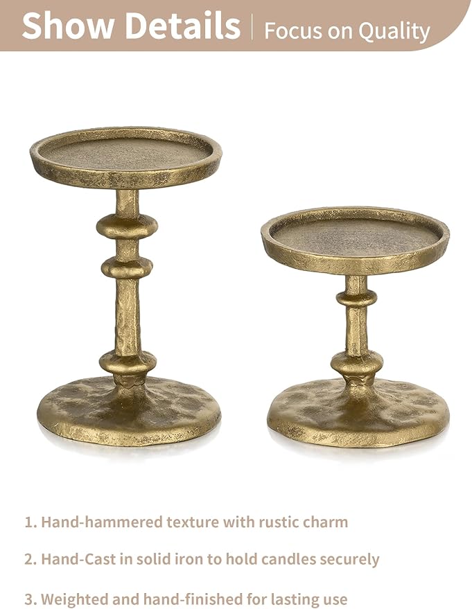 NUPTIO Gold Candle Holders for Pillar: Antique Brass Cast Iron Candle Stand | - Image 5