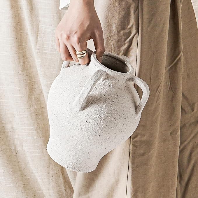 White Ceramic Vase with 4 Handles, 8.8 Inch, Farmhouse Rustic | Decorative by LETAUCIGARDEN