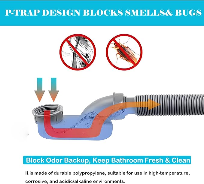 1 1/2 Inch Tub Drain Kit with Low Profile P Trap, Flexible Drain Pipe - Image 5