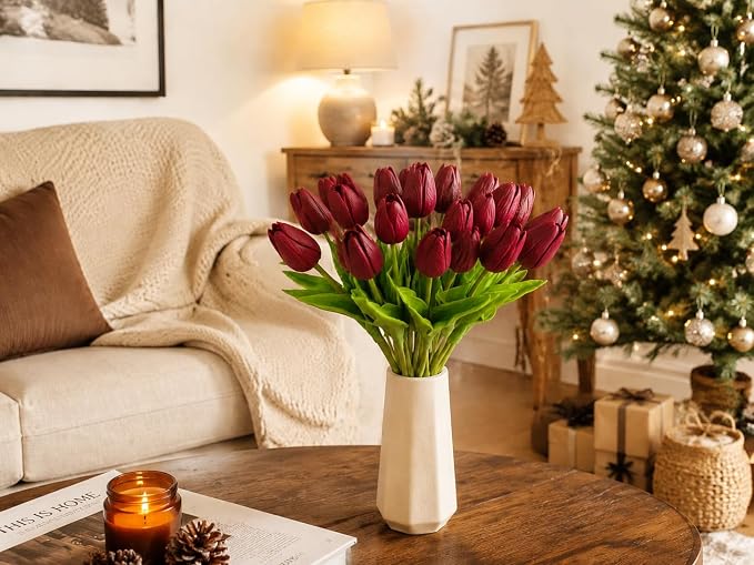 Mandy's 20pcs Artificial Burgundy Tulips | 13.5 Inch Lifelike PU Tulips Faux - Image 7