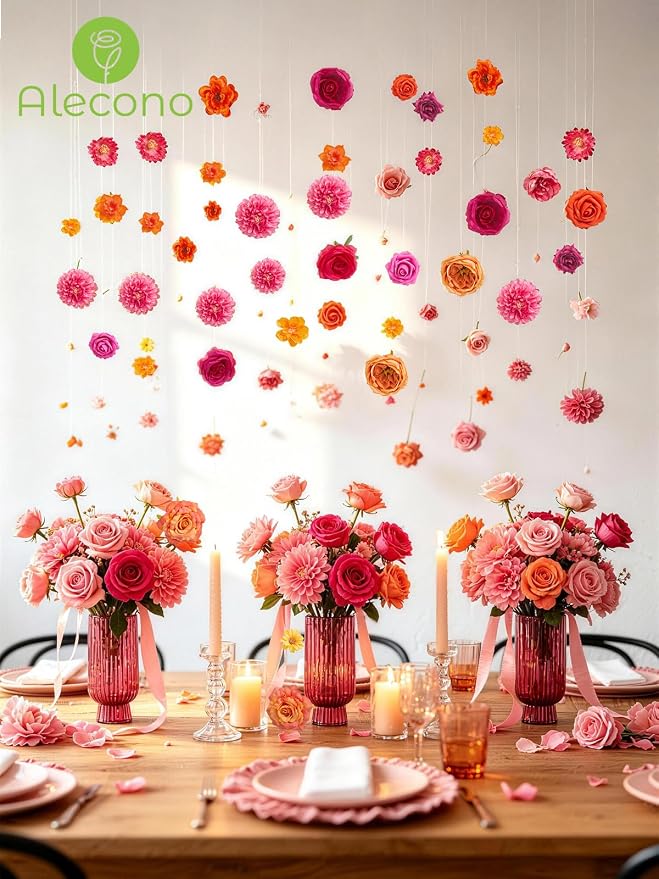 Alecono Orange and Hot Pink Artificial Flowers, Silk Fake Floral Set | - Image 9