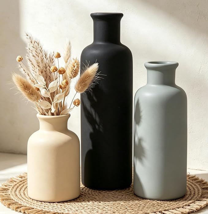 Ceramic Vase Set of 3, Neutral Rustic Vases by CUCUMI