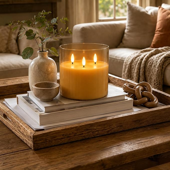 Homemory Amber Large Glass Flameless LED Candle, 3 Wicks, Remote Timer | 6"x6" - Image 3
