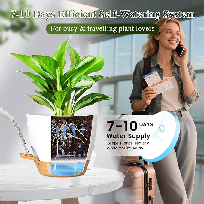 Self Watering Pots with Drainage Holes, 2 Pack 8 Inch Plant Pots with Water - Image 4