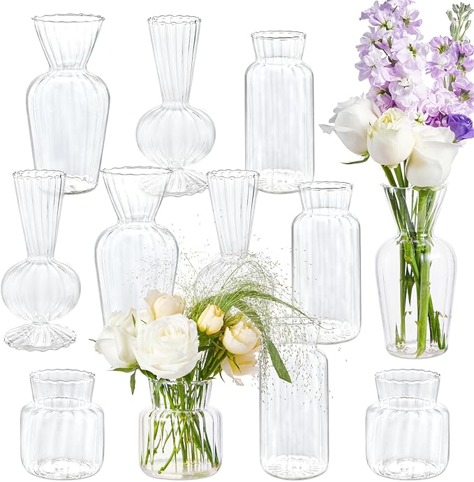 12 Pcs Ribbed Glass Bud Vases Set, 4 Styles Clear Small Flower Vases | Mini by UNMOONY