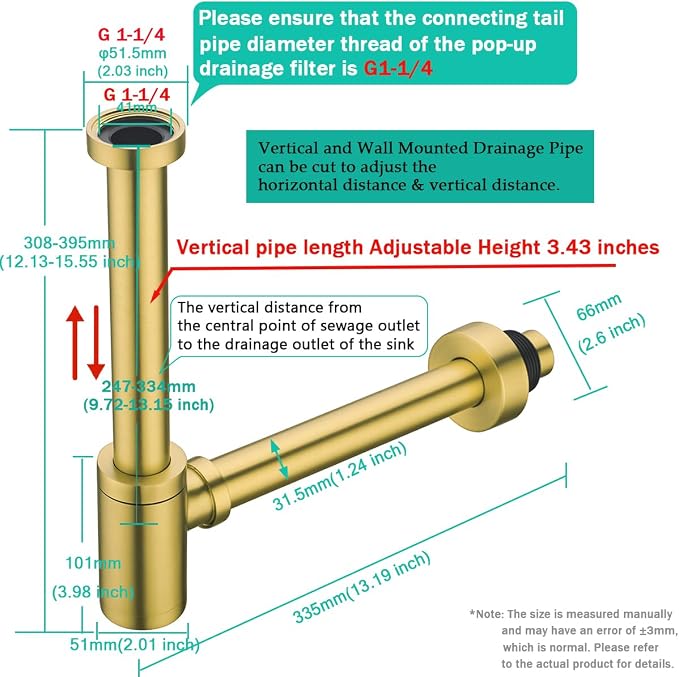 Brass Round Bottle P-Trap 1 1/4, Adjustable Basin Sink Waste Drain Trap Kit - Image 2