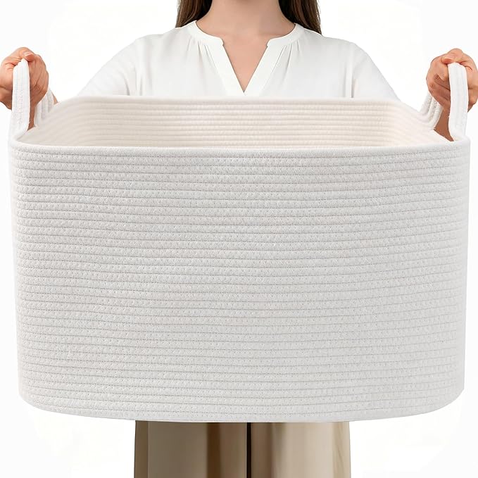 65L Large Laundry Basket with Handles, Woven Blanket Basket, Living Room by HZFTJOY