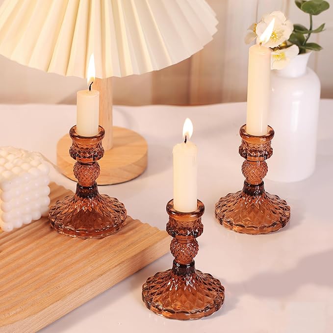 12Pcs Amber Candlestick Holders Set- 4" H Taper Candle Holders Bulk, Glass - Image 3