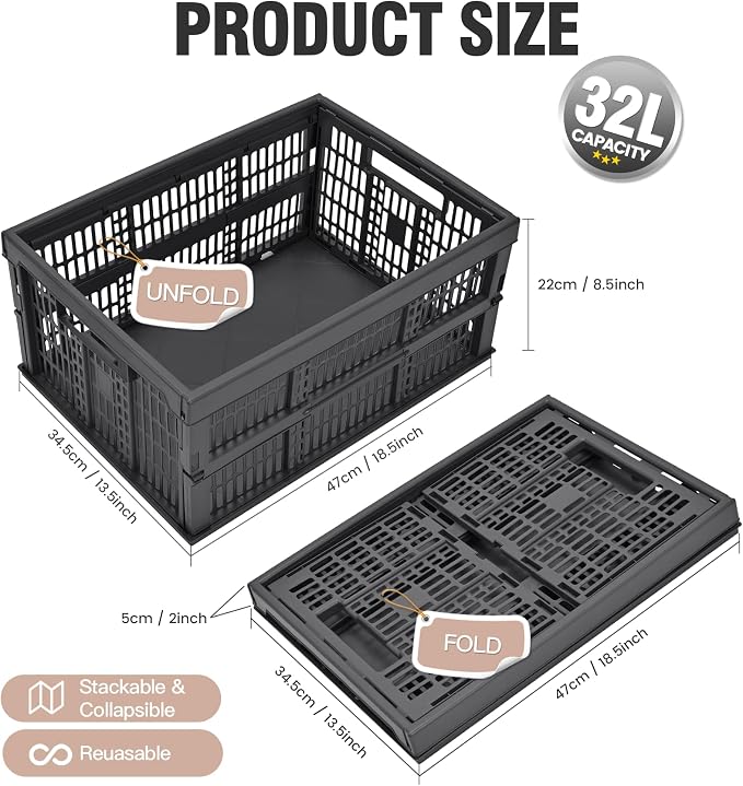 HUUSMOT 2-Pack Collapsible Plastic Storage Baskets, Dark Grey, Space-Saving - Image 3