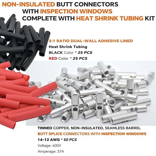 14-12 AWG Wire Splice Kit – 50 PCS 14-12 Gauge Tinned Copper Non-Insulated Butt - Image 2