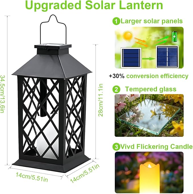 14" Large Tempered Glass Solar Lanterns Outdoor Waterproof | Black retro solar - Image 3